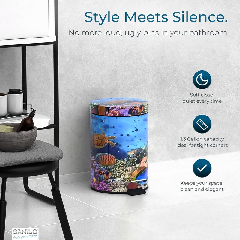 Sanilo Small Bathroom Trash Can with Lid [1.3 Gallon] - Lidded Tiny Trashcan for Garbage - Mini Metal Bin with Soft Closing Mechanism - Bath Room Accessoire Wastebin with Inner Bucket (Ocean) - Image 3